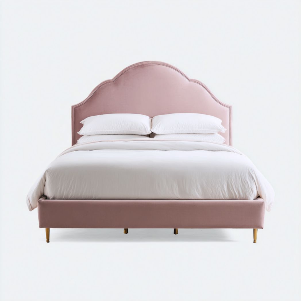 Cadre de Lit Double Rembourré en Tissu Rose avec Tête de Lit Incurvée-Thefurniturepaintfr