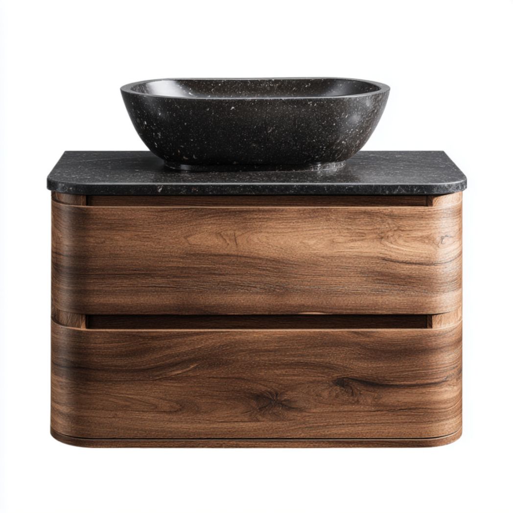 Meuble de Salle de Bain Suspendu à 2 Tiroirs en Bois de Noyer avec Vasque en Granit - Marron-Thefurniturepaintfr