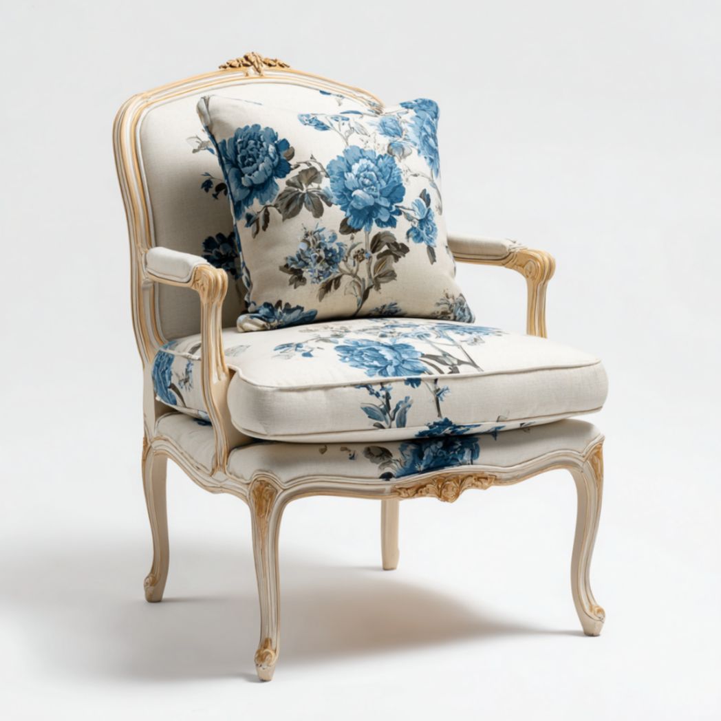 Fauteuil en tissu imprimé avec cadre en bois d'hévéa sculpté-Thefurniturepaintfr