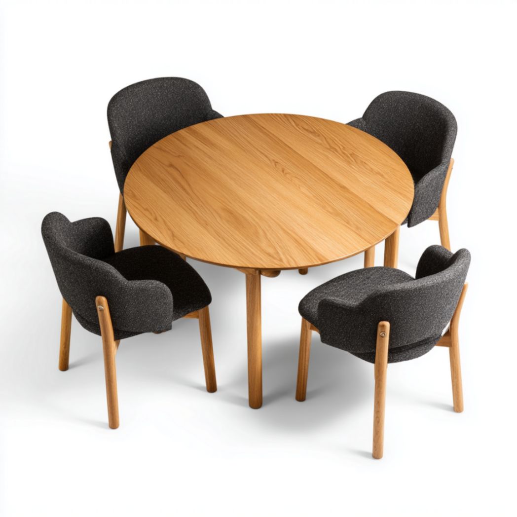 Ensemble de Table à Manger Ronde et 4 Fauteuils en Bois de Chêne et Tissu Chenille-Thefurniturepaintfr