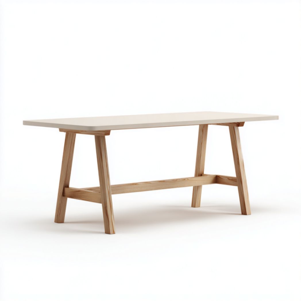 Table de Bureau en Bois de Frêne et de Pin avec Plateau Blanc et Pieds en Tréteaux-Thefurniturepaintfr