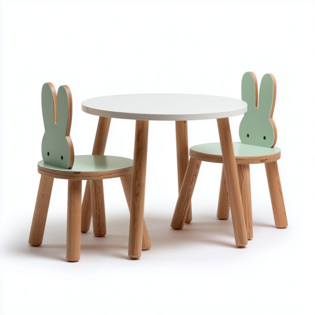 Ensemble de Table Ronde et 2 Chaises pour Enfant en Bois de Hêtre avec Dossier Oreilles de Lapin Vert Menthe-Thefurniturepaintfr