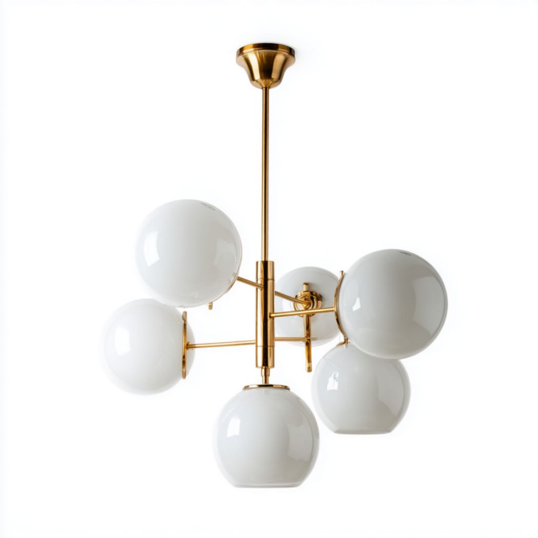 Lampe de plafond à 6 sphères blanches et structure en métal doré-Thefurniturepaintfr