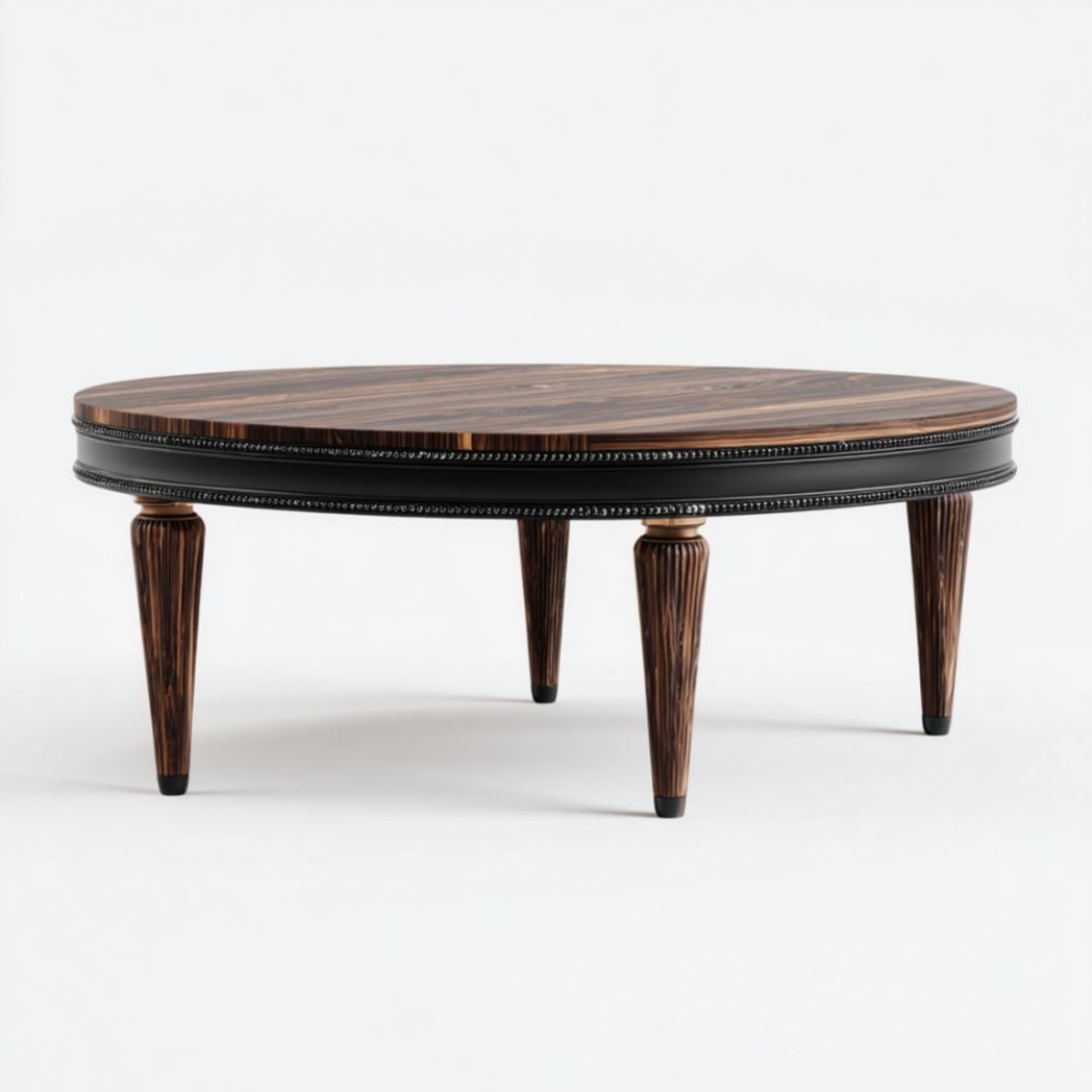 Table Basse Ronde en Bois d'Ébène et Métal Noir avec Détails Sculptés-Thefurniturepaintfr