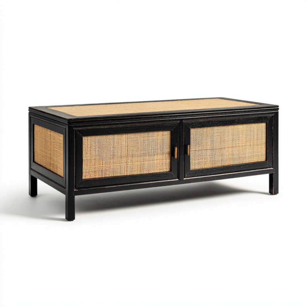 Table Basse Rectangulaire en Bois Noir et Cannage en Rotin-Thefurniturepaintfr