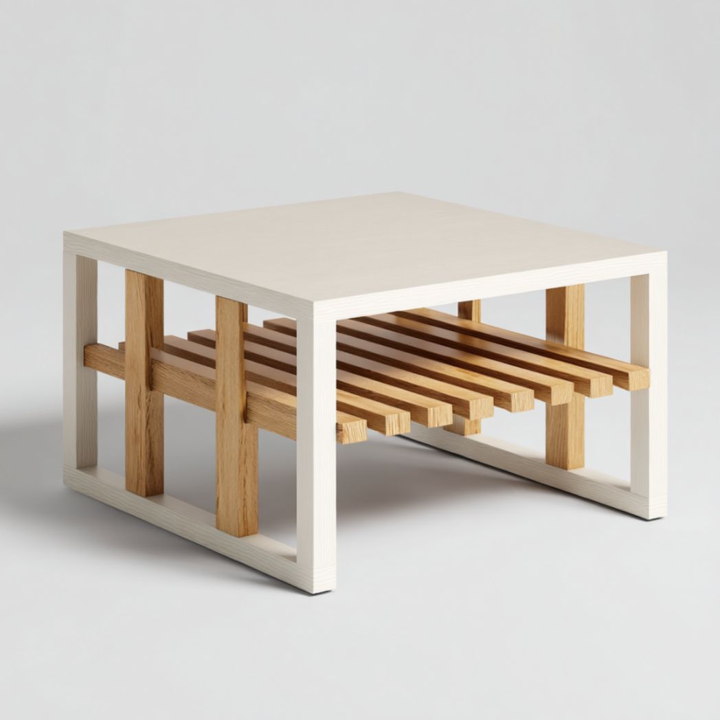 Table d'Appoint Carrée en Bois de Pin Blanc et Chêne avec Étagère à Lattes-Thefurniturepaintfr
