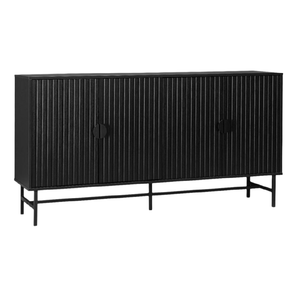 Meuble TV en bois noir avec relief, design moderne et portes à poignées