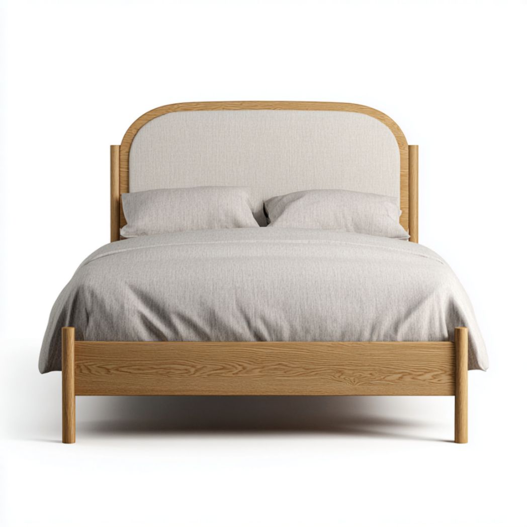 Cadre de Lit Double 160x200 cm en Bois de Frêne avec Tête de Lit Rembourrée en Tissu-Allfurnituremdfr