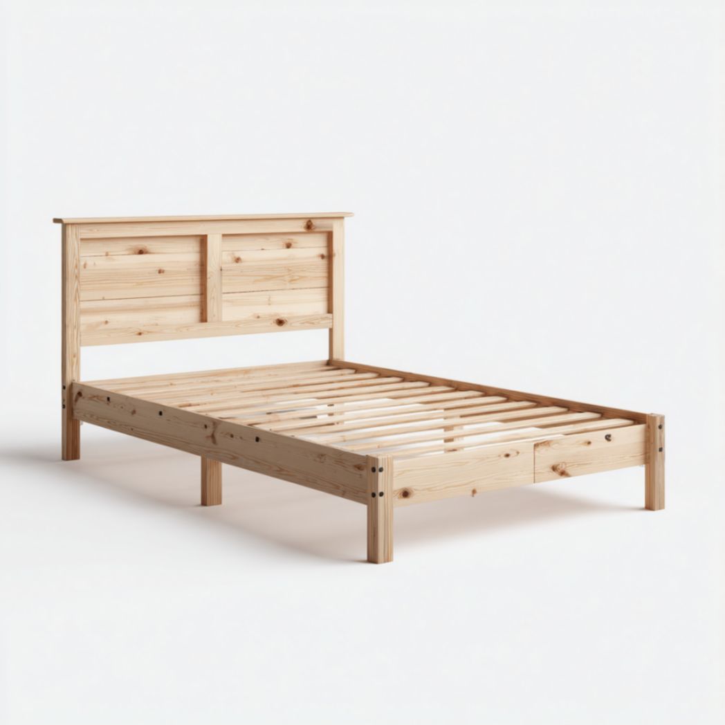 Cadre de Lit Double 140x190 cm en Bois de Pin avec Tête de Lit et Sommier à Lattes-Allfurnituremdfr
