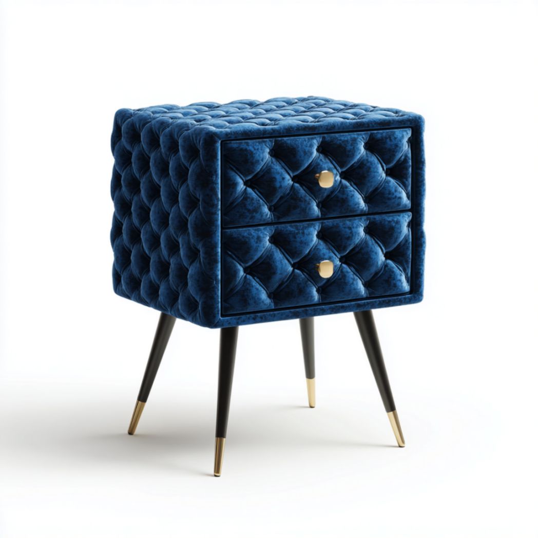 Table de Chevet à 2 Tiroirs avec Revêtement en Tissu Capitonnée et Pieds en Fer - Bleu-Allfurnituremdfr