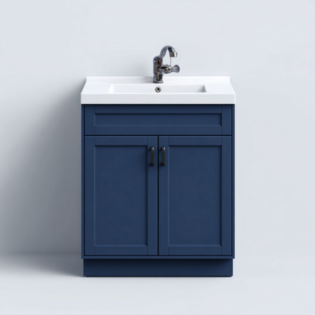 Meuble Bas de Salle de Bain 60cm en Bois de Pin avec Vasque en Céramique - Bleu Marine-Allfurnituremdfr