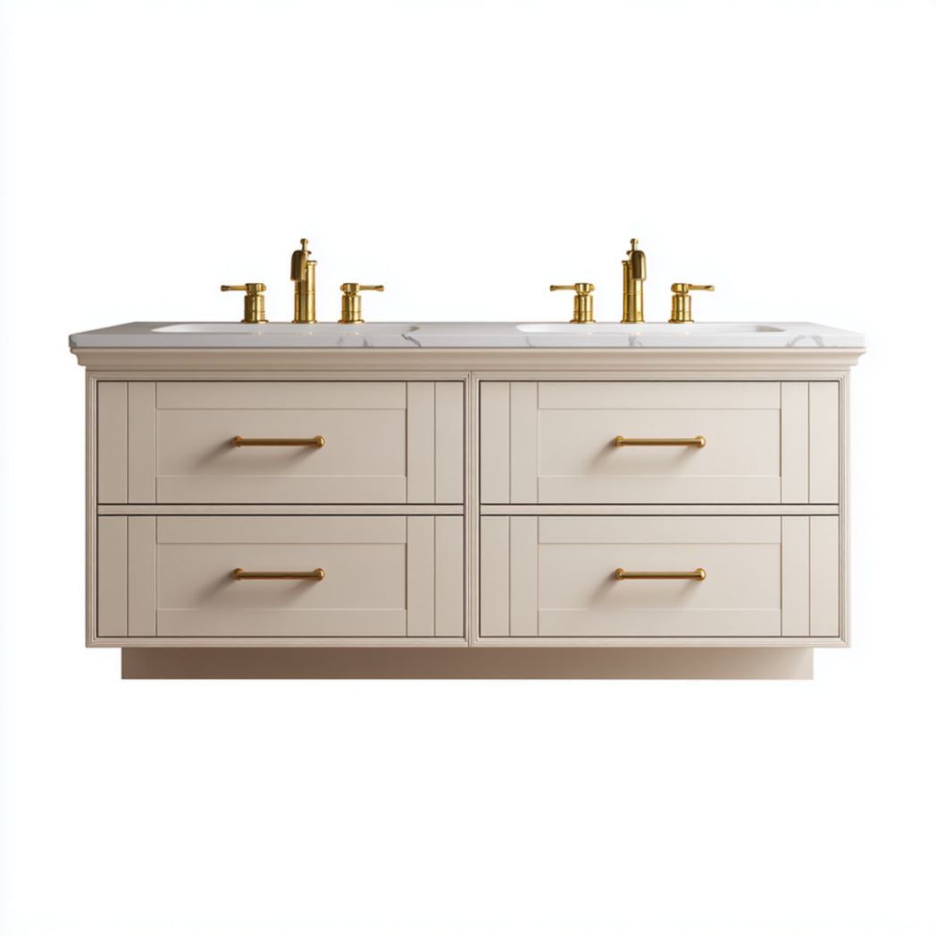 Meuble de Salle de Bain Double Vasque à 4 Tiroirs en Bois de Bouleau - Blanc Cassé-Allfurnituremdfr