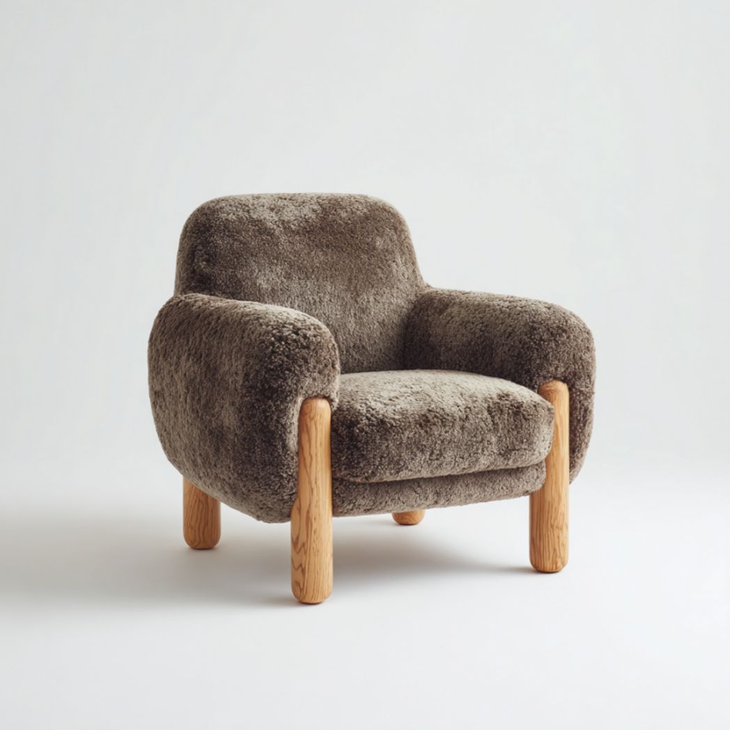 Fauteuil Bas en Tissu Bouclé avec Pieds Cylindriques en Bois de Chêne-Allfurnituremdfr