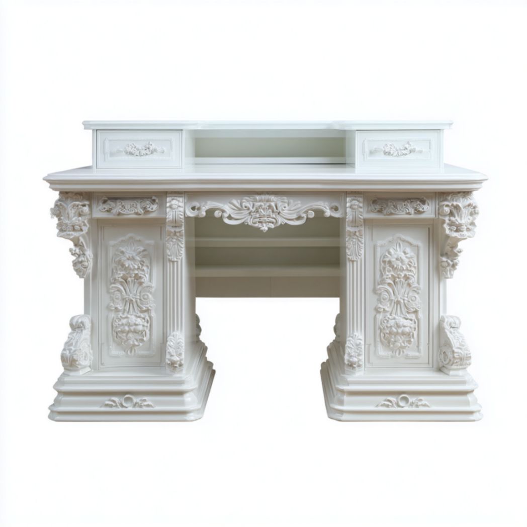 Bureau en Bois de Bouleau et de Pin avec Sculptures Ornementales et 2 Tiroirs Blanc-Allfurnituremdfr