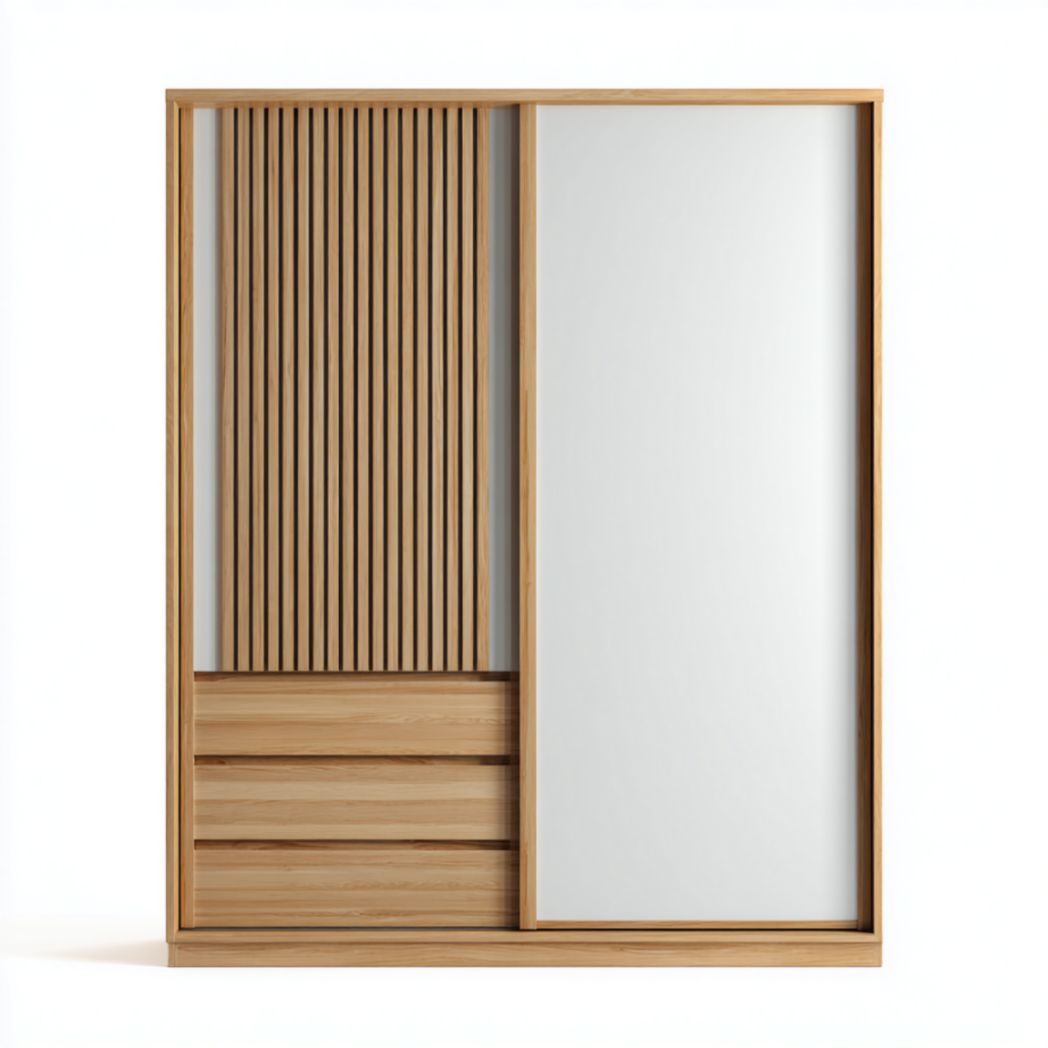 Armoire à portes coulissantes en bois avec tiroirs et panneaux louver-Allfurnituremdfr
