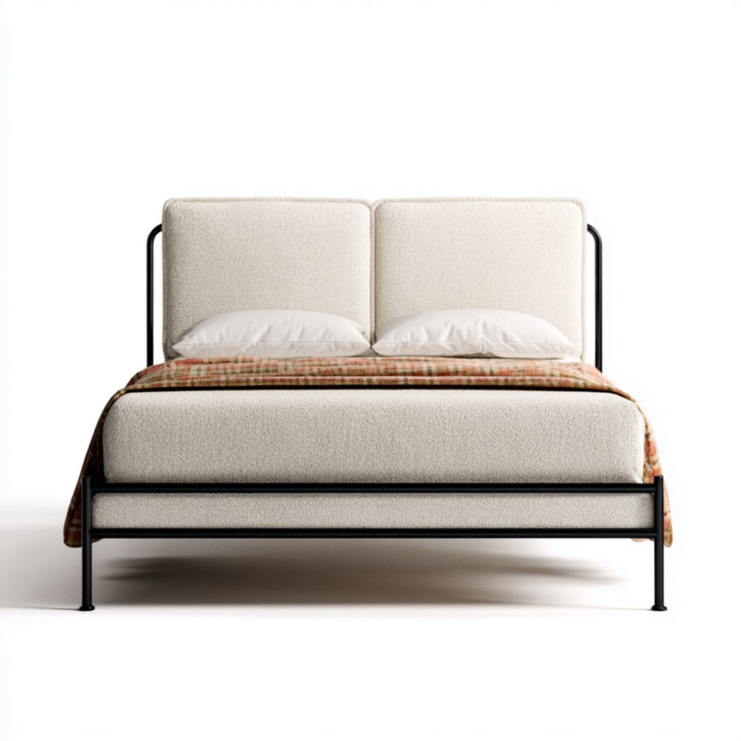 Lit Double en Métal Noir et Tissu Bouclé Blanc Cassé-Allfurnituremdfr