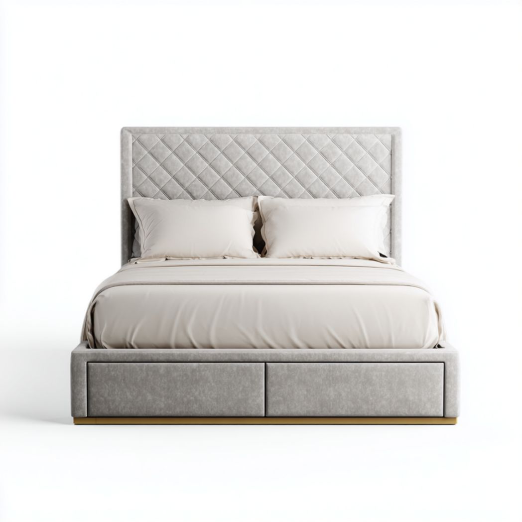 Lit Double Rembourré en Tissu avec Tiroirs de Rangement et Tête de Lit Losangée-Frfurnituredr