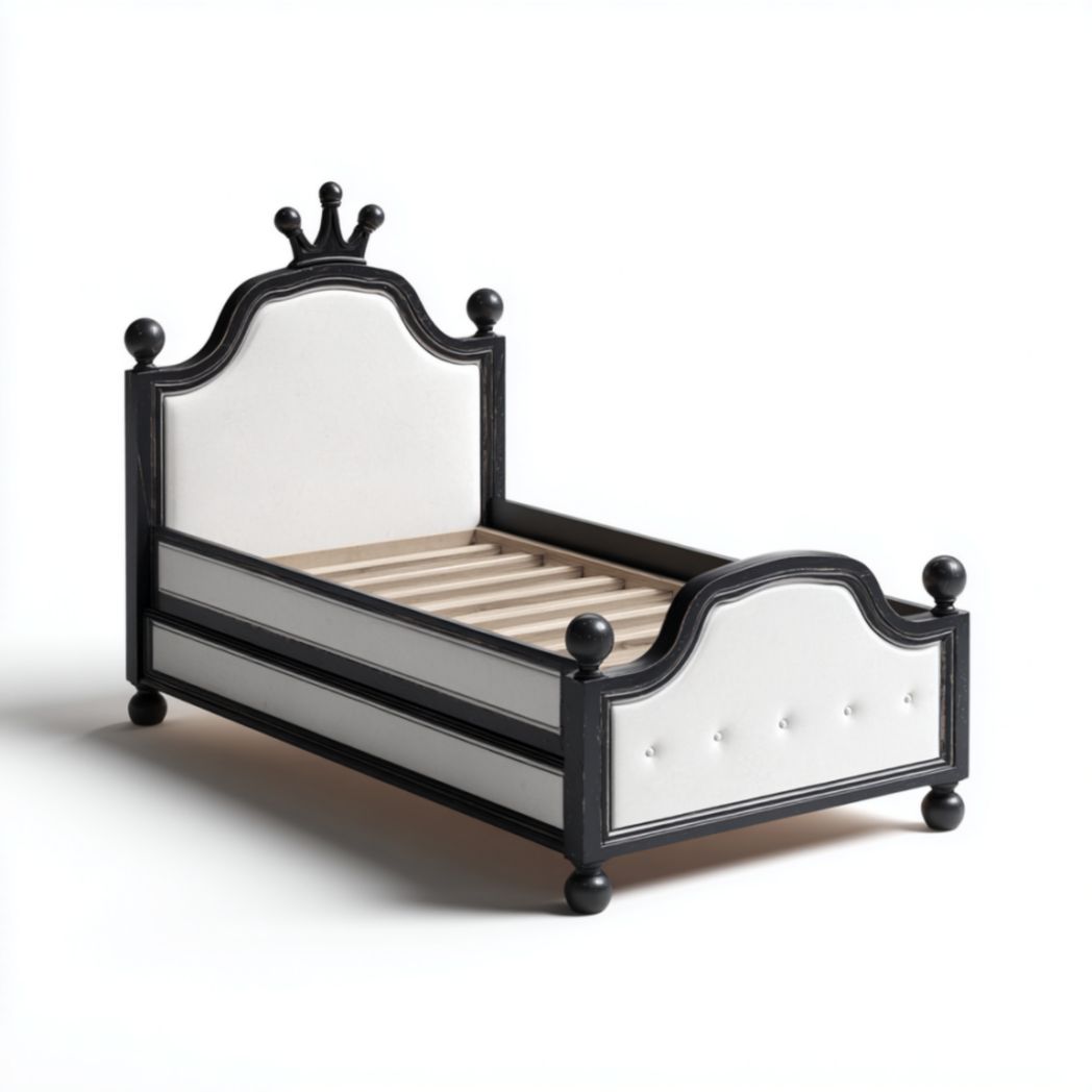 Lit Enfant en Bois Noir et Tissu Blanc avec Décoration Couronne-Frfurnituredr
