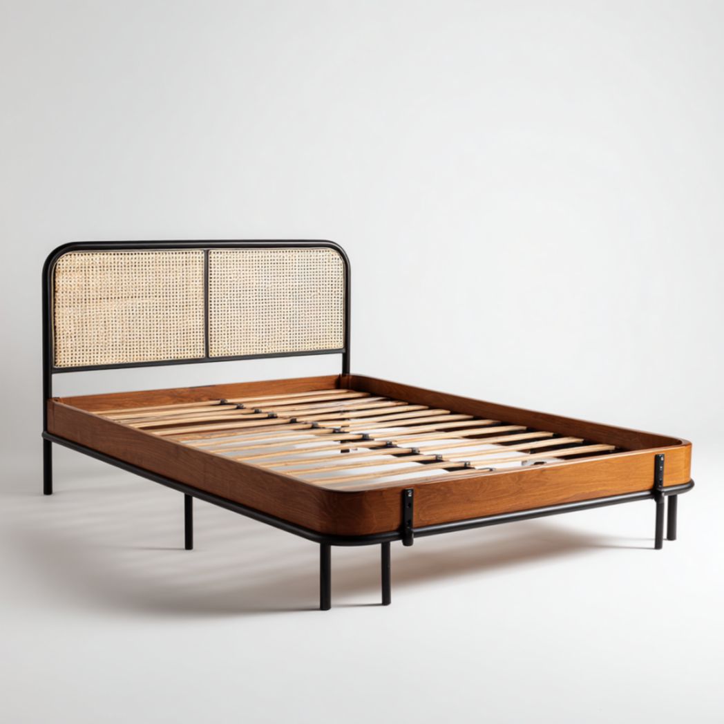 Cadre de Lit Double 140x190 cm avec Tête de Lit en Cannage de Rotin et Structure en Métal Noir-Frfurnituredr
