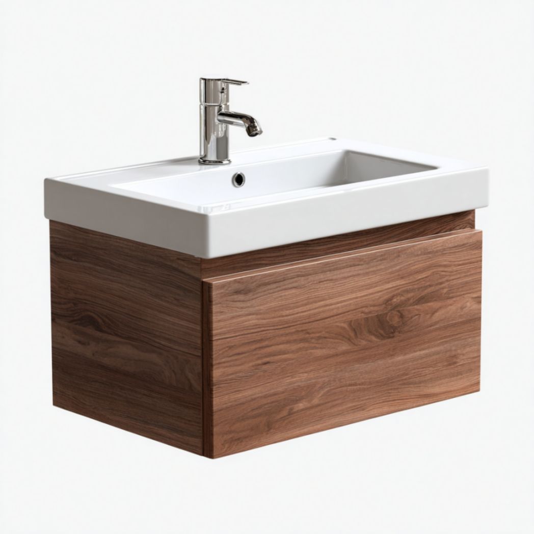 Meuble de Salle de Bain Suspendu à 1 Tiroir en Bois de Noyer avec Vasque en Céramique - Marron-Frfurnituredr