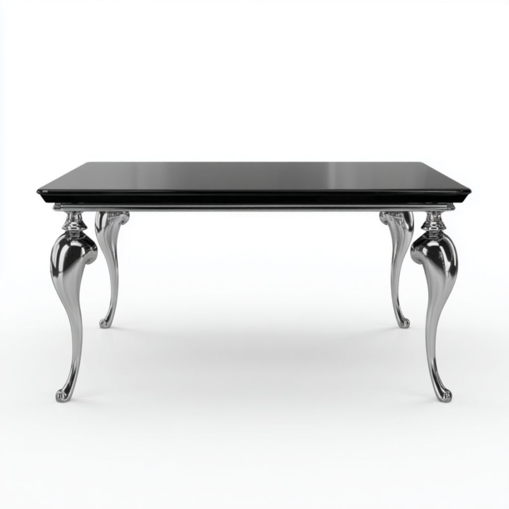 Table de Bureau Noire avec Plateau en Verre Trempé et Pieds Galbés en Acier Chromé-Frfurnituredr