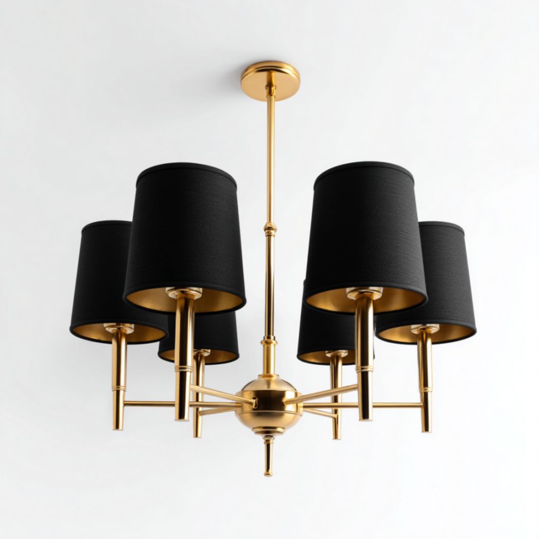 Lampe de plafond à 6 abat-jours noirs et structure en métal doré-Frfurnituredr