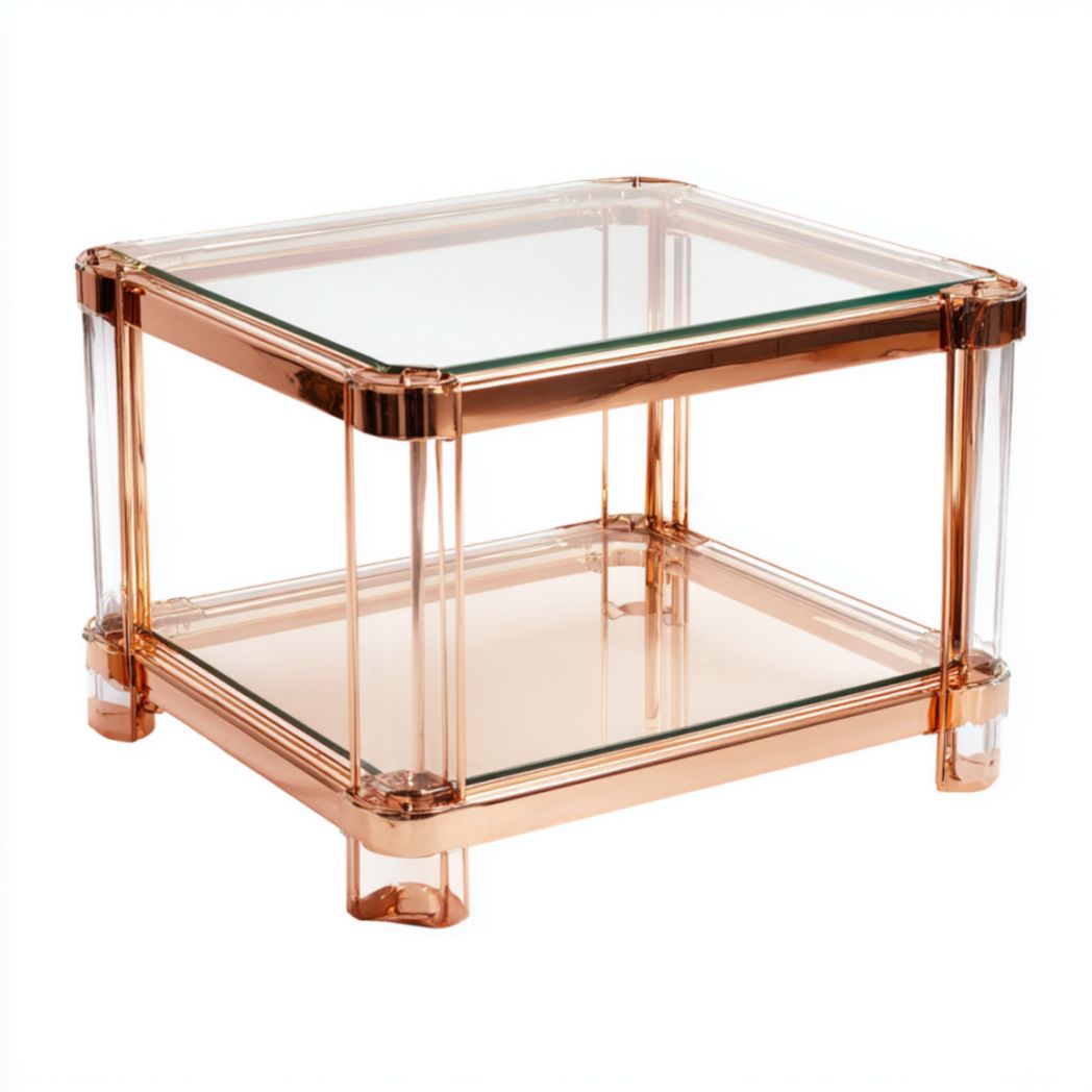 Table Basse Carrée à Double Plateau en Verre Trempé, Acrylique et Métal Rose Doré-Frfurnituredr