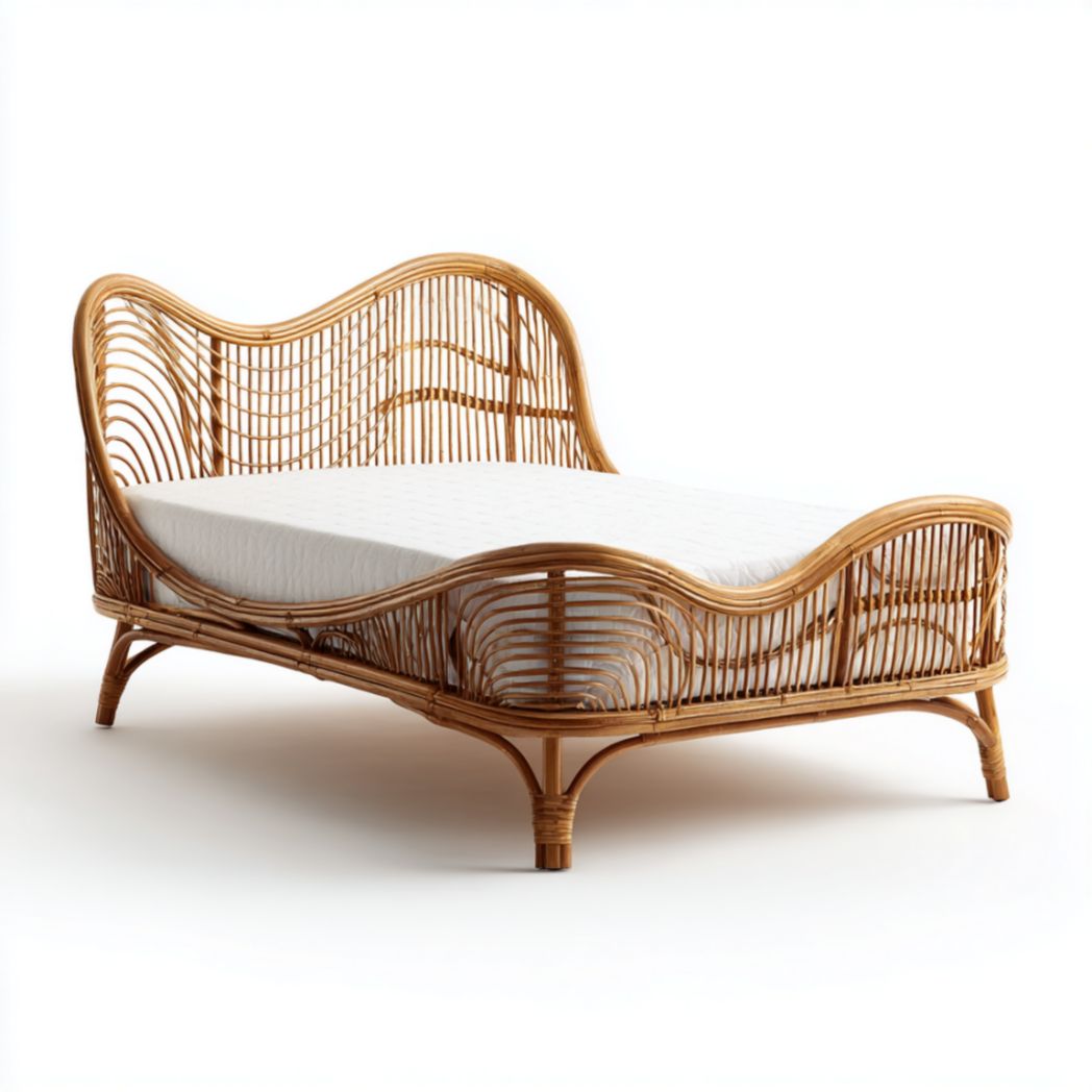 Cadre de Lit 140x190 cm en Rotin Tressé avec Tête de Lit Courbée-Qualityfurniturecr