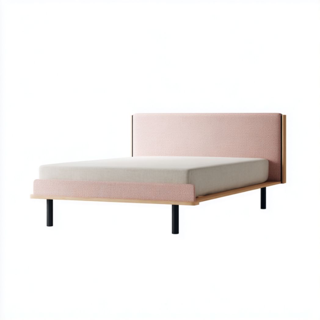 Cadre de Lit Double 140x200 cm avec Tête de Lit Rembourrée en Tissu Rose et Pieds en Acier Noir-Qualityfurniturecr
