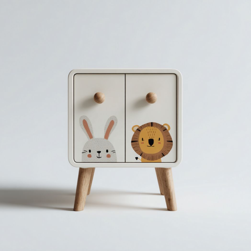 Table de Chevet Enfant à 2 Tiroirs en Bois de Pin avec Motifs Animaux - Blanc-Qualityfurniturecr