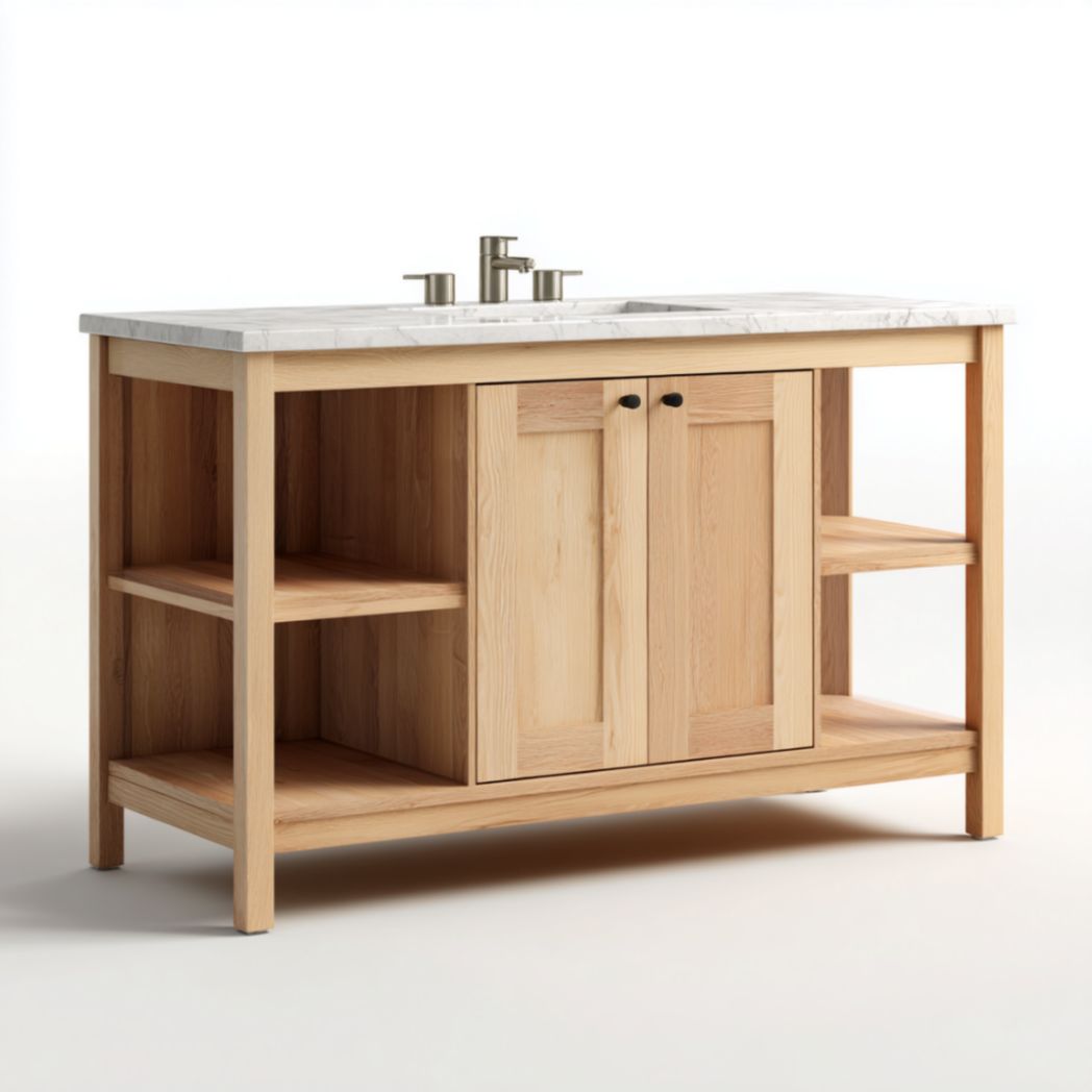 Meuble de Salle de Bain en Bois de Chêne avec 2 Portes, Étagères Latérales et Plateau en Granit - Naturel-Qualityfurniturecr