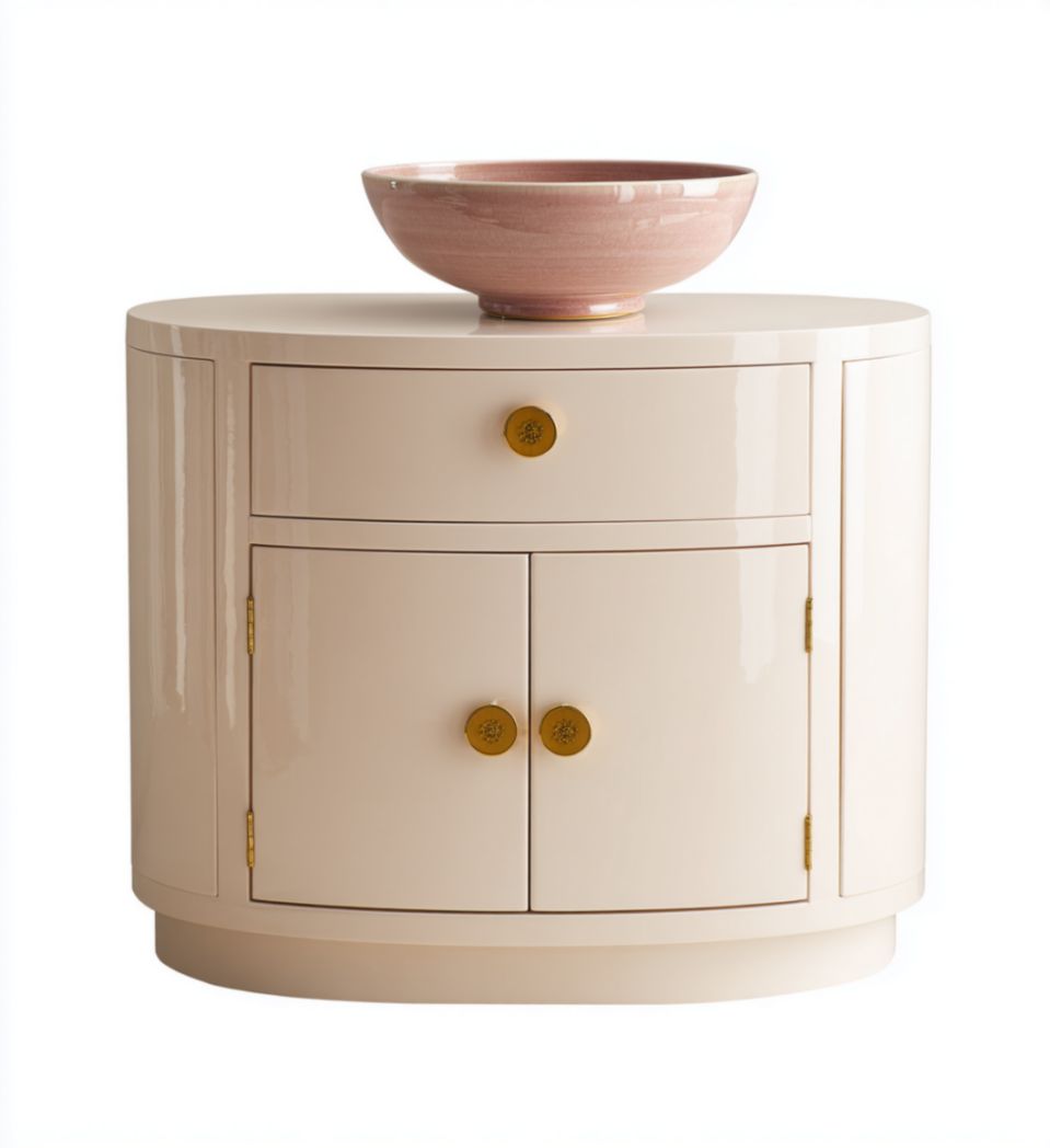 Meuble de Rangement Semi-Circulaire à 1 Tiroir et 2 Portes en Bois de Bouleau - Beige Brillant-Qualityfurniturecr