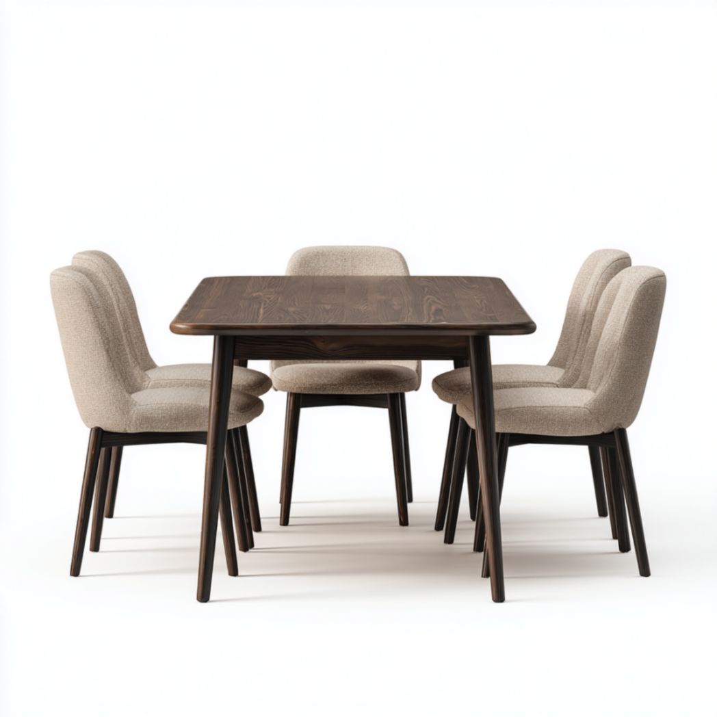 Ensemble de Table à Manger Rectangulaire et 4 Chaises en Bois d'Hévéa et Tissu Chenille-Qualityfurniturecr