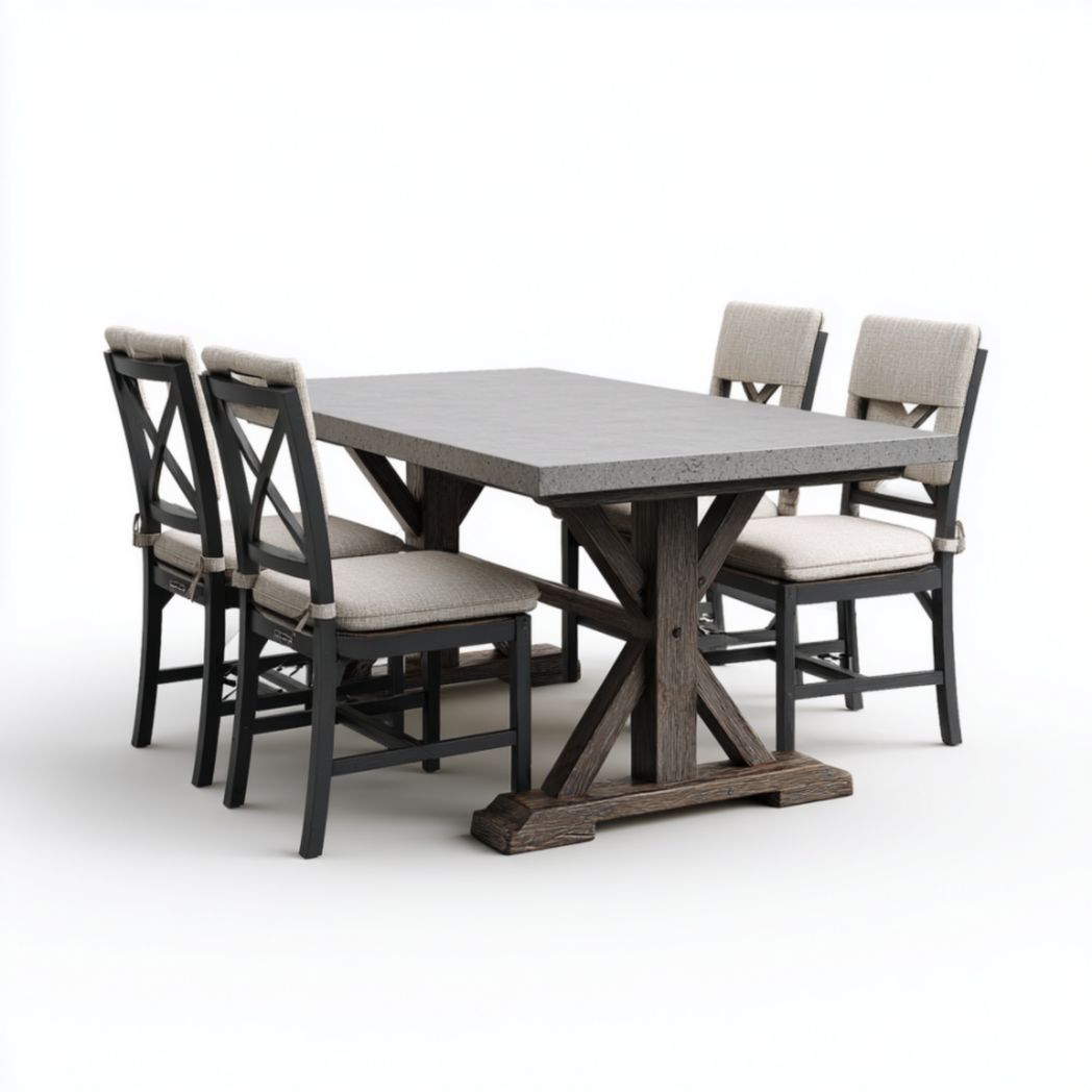 Table rectangulaire avec chaises – Plateau en béton et pieds en bois-Qualityfurniturecr