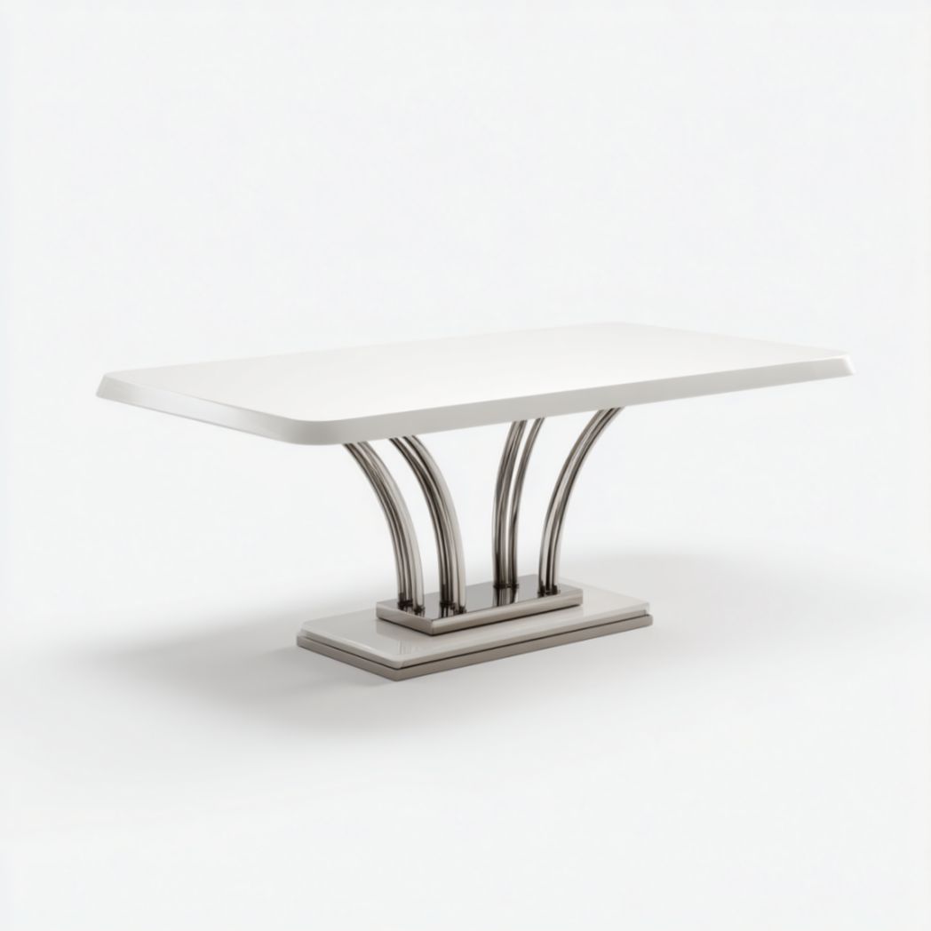 Table de salle à manger blanche avec pieds incurvés en acier inoxydable et base rectangulaire.-Qualityfurniturecr