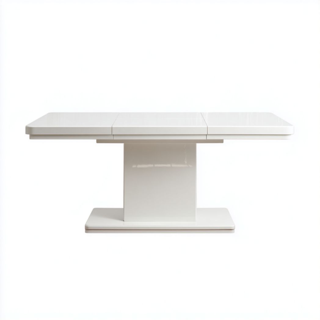 Table de salle à manger extensible blanche avec un plateau brillant et un piètement central rectangulaire.-Qualityfurniturecr