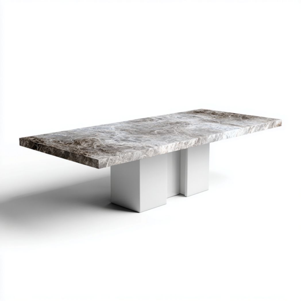 Table de salle à manger avec plateau en marbre gris et pieds carrés blancs.-Qualityfurniturecr