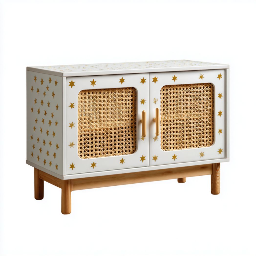 Meuble de Rangement pour Enfant avec Portes en Rotin Tressé et Motifs Étoiles en Bois de Pin-Qualityfurniturecr