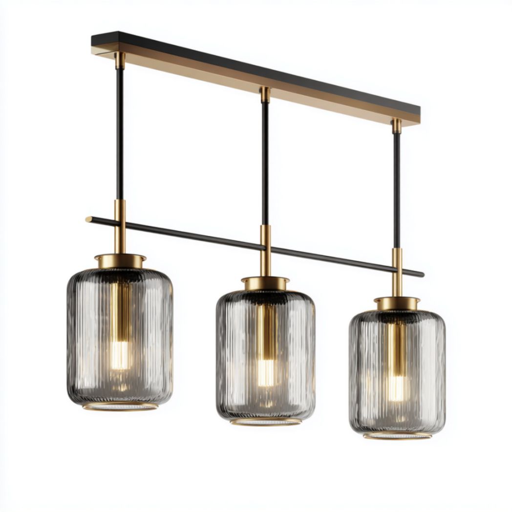 Suspension, design à trois ampoules avec métal doré et abat-jours en verre-Qualityfurniturecr