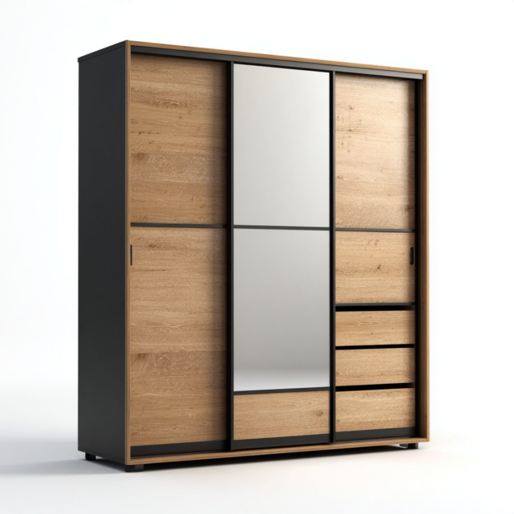 Armoire à portes coulissantes avec miroir et tiroirs, structure en bois et métal-Qualityfurniturecr