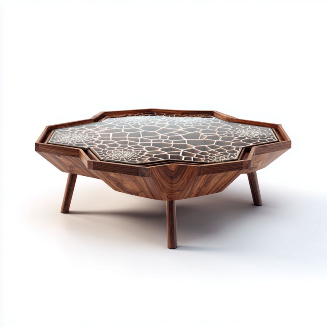 Table Basse Géométrique en Noyer avec Plateau à Motifs Mosaïques-Qualityfurniturecr