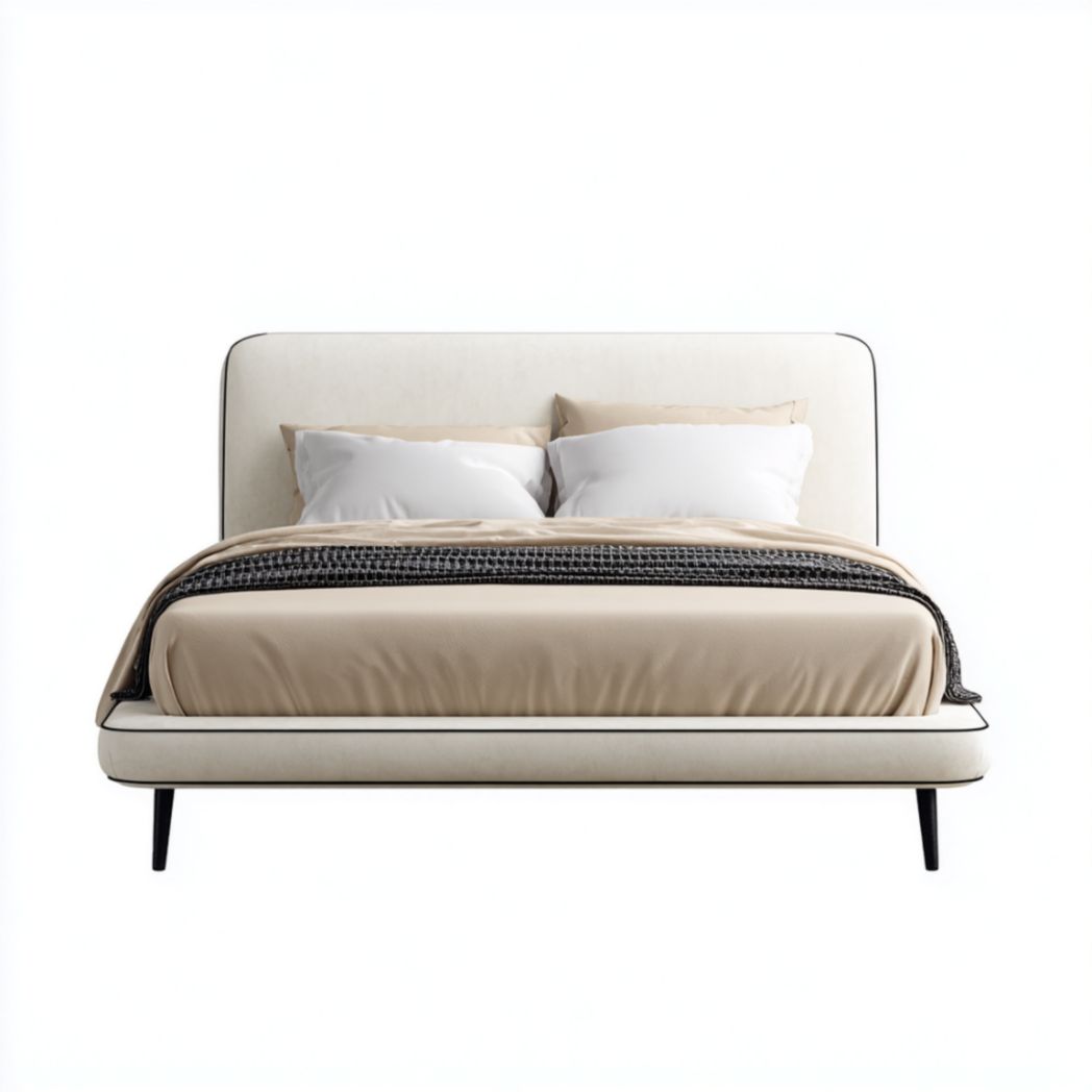 Cadre de Lit Double Rembourré en Tissu Blanc avec Liseré Noir-Qualityfurniturecr