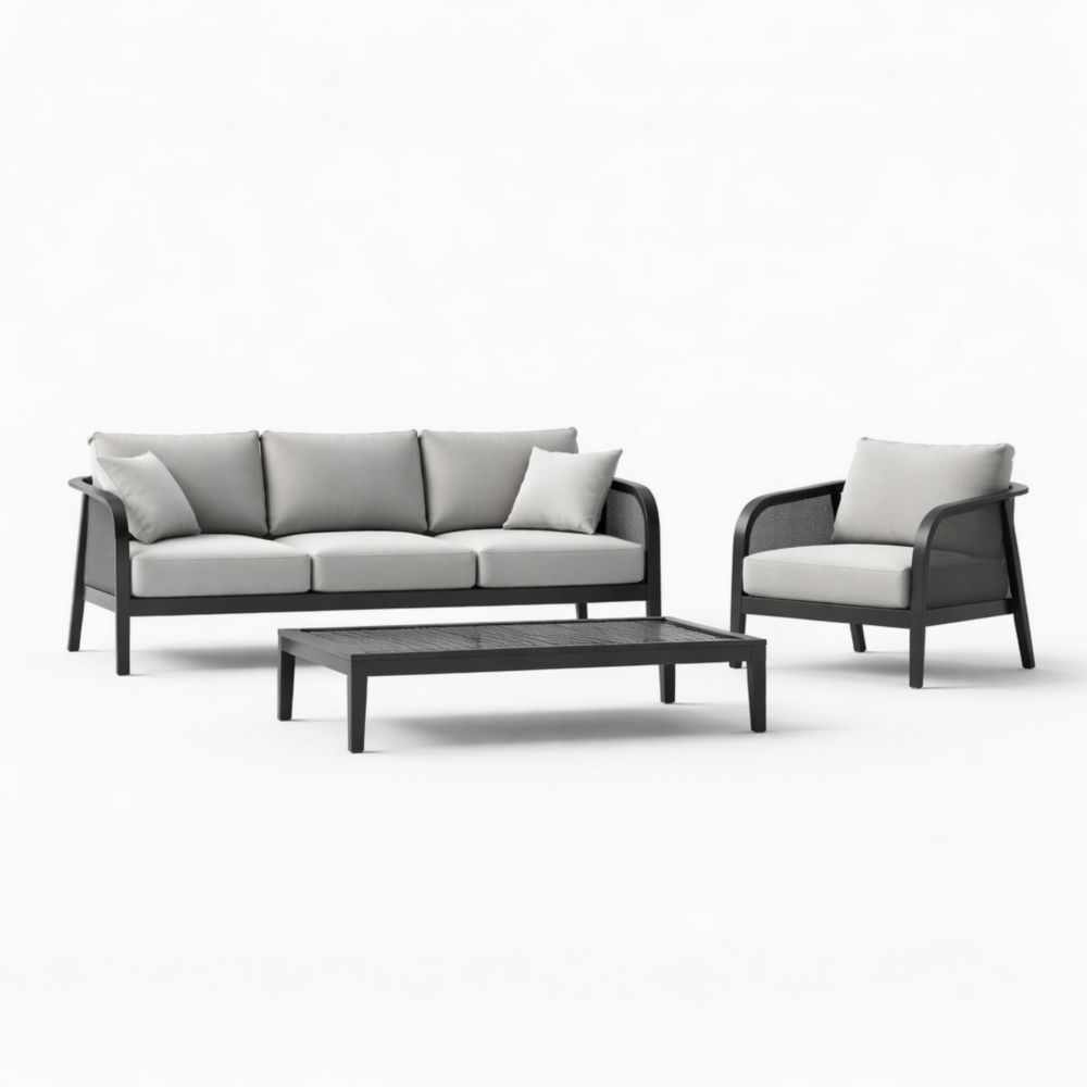 Ensemble de mobilier de jardin aluminium noir avec coussins gris