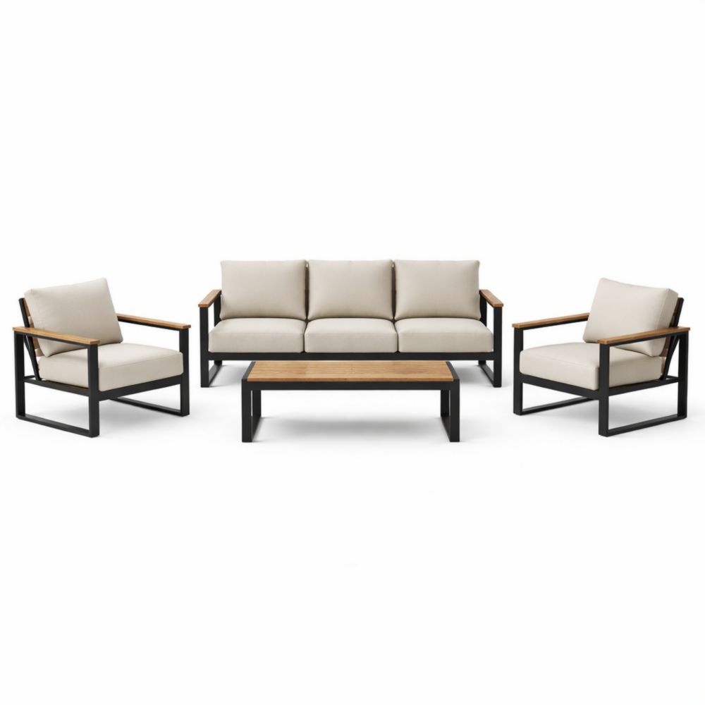 Ensemble de Salon de Jardin en Aluminium et Bois avec Coussins en Polyester Beige