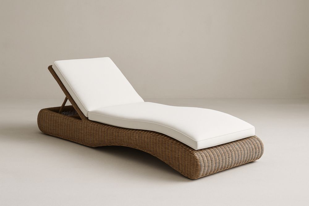 Chaise Longue en Résine Tressée Marron avec Coussin Blanc