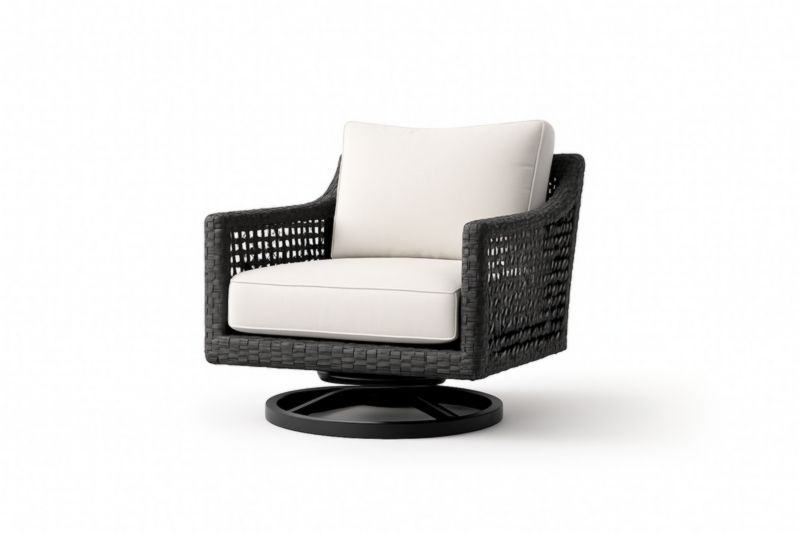 Fauteuil pivotant en osier synthétique noir avec coussin beige