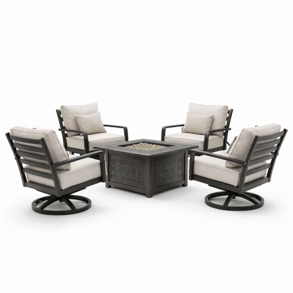 Salon de jardin avec chaises pivotantes et table à feu en aluminium