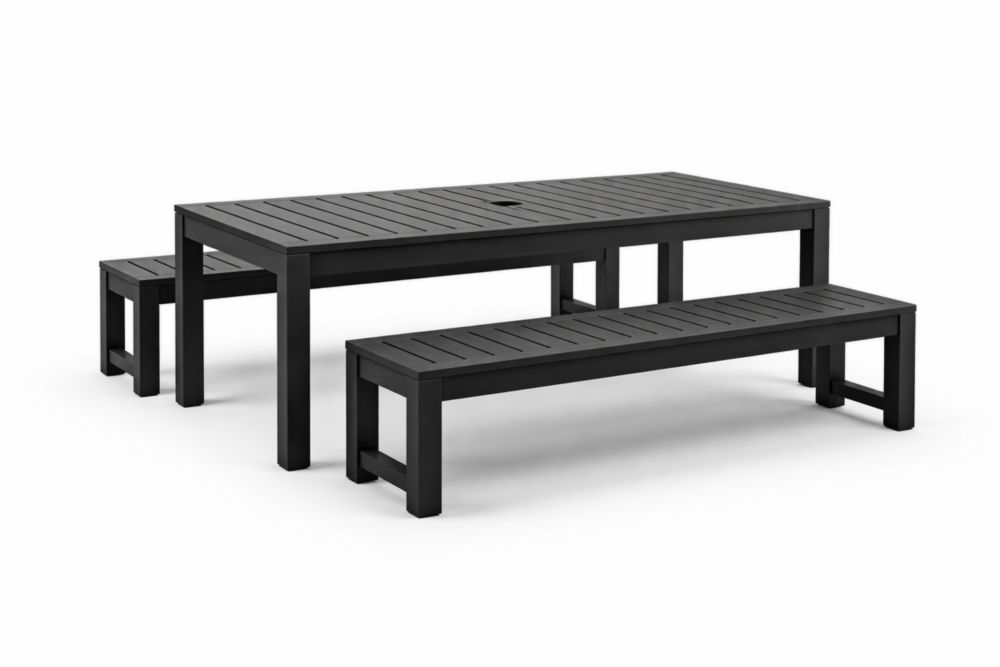 Ensemble de table à manger rectangulaire avec bancs en bois composite WPC noir pour extérieur