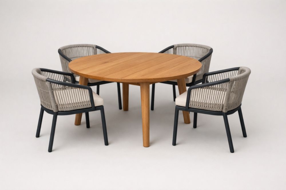 Ensemble de table à manger ronde en bois massif avec chaises en aluminium et corde pour extérieur