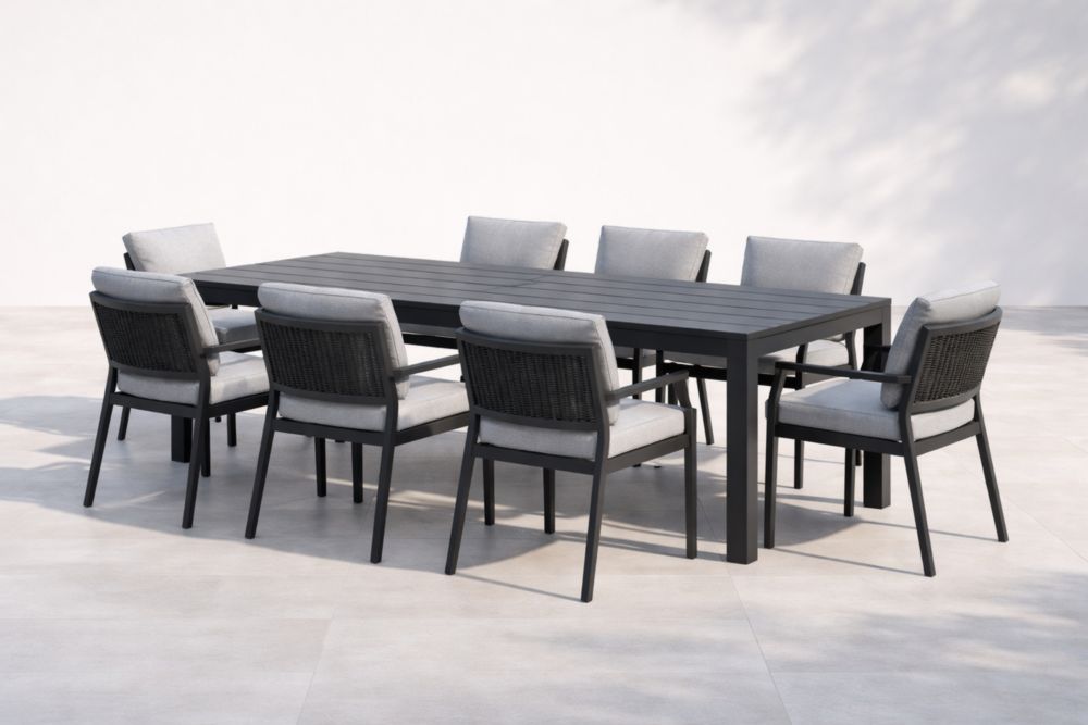 Ensemble de salle à manger extérieur en aluminium avec 8 chaises et coussins en polyester